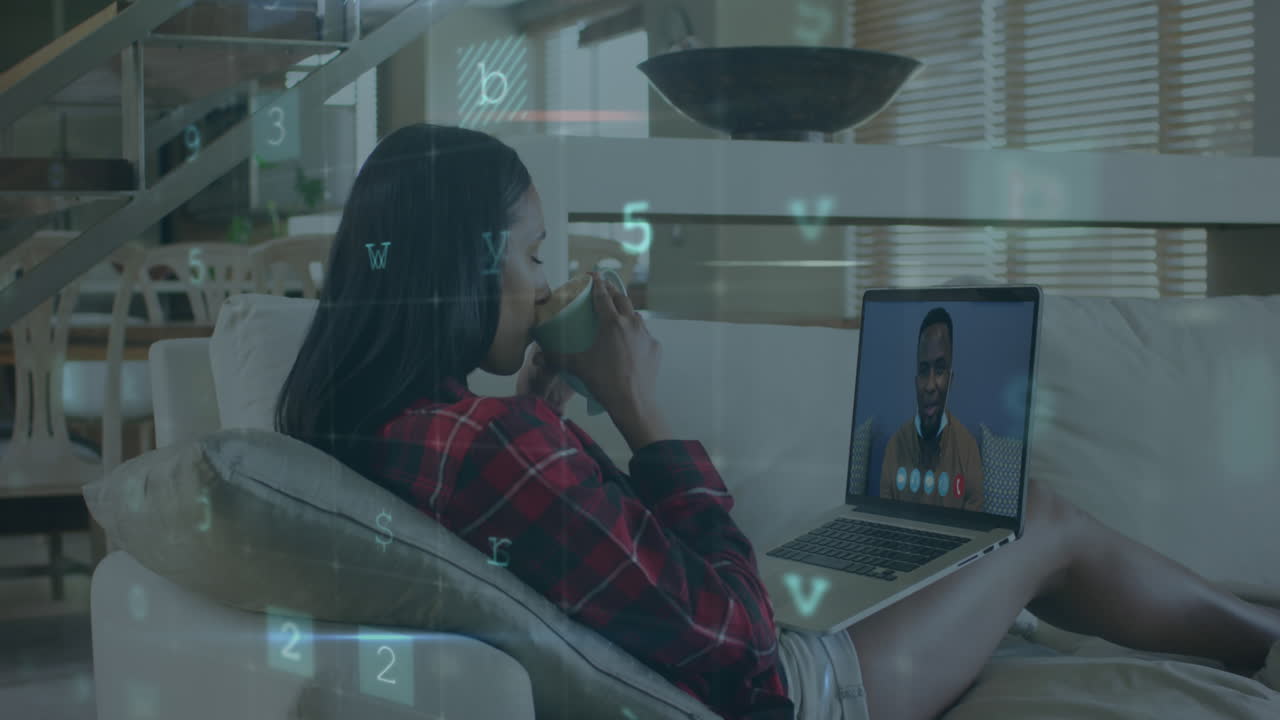 Animation of cyber attack warning text over woman using laptop on video call