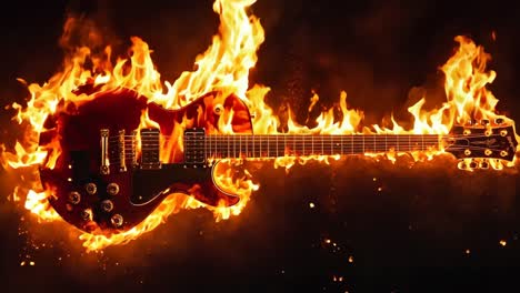 una guitarra eléctrica roja en llamas sobre un fondo negro