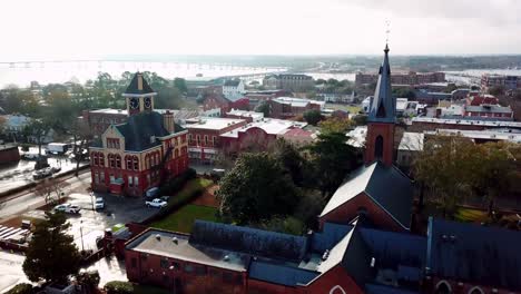 slow-aerial-push-into-historic-buildings-in-new-bern-nc,-north-carolina