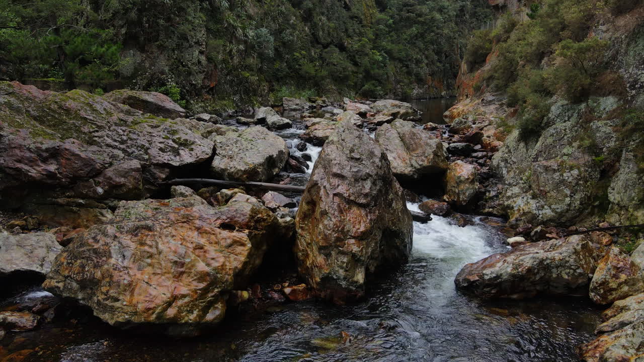 cascada de agua a través de rocas y cantos rodados en la garganta del río rocoso de la montaña de nueva zelanda