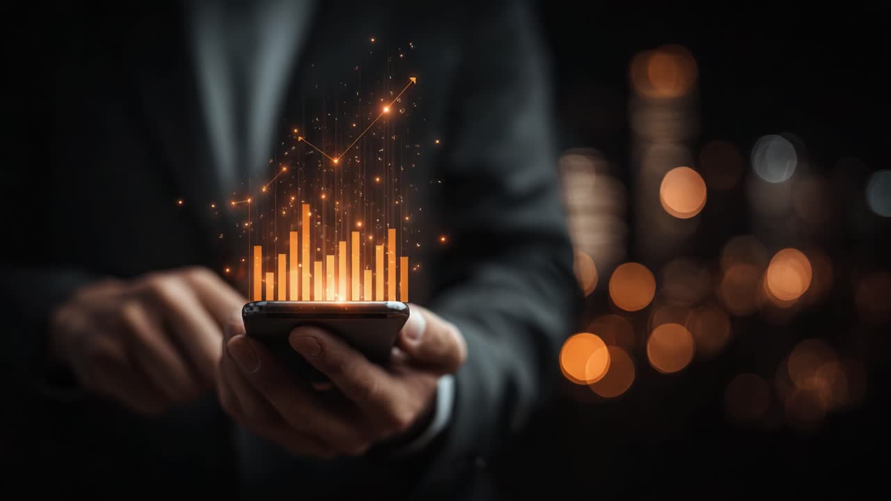 A Business Professional Analyzing Data on a Smartphone with Dynamic Graphs and Visualizations in a Dark Setting, Highlighting Modern Analytics and Technology Trends