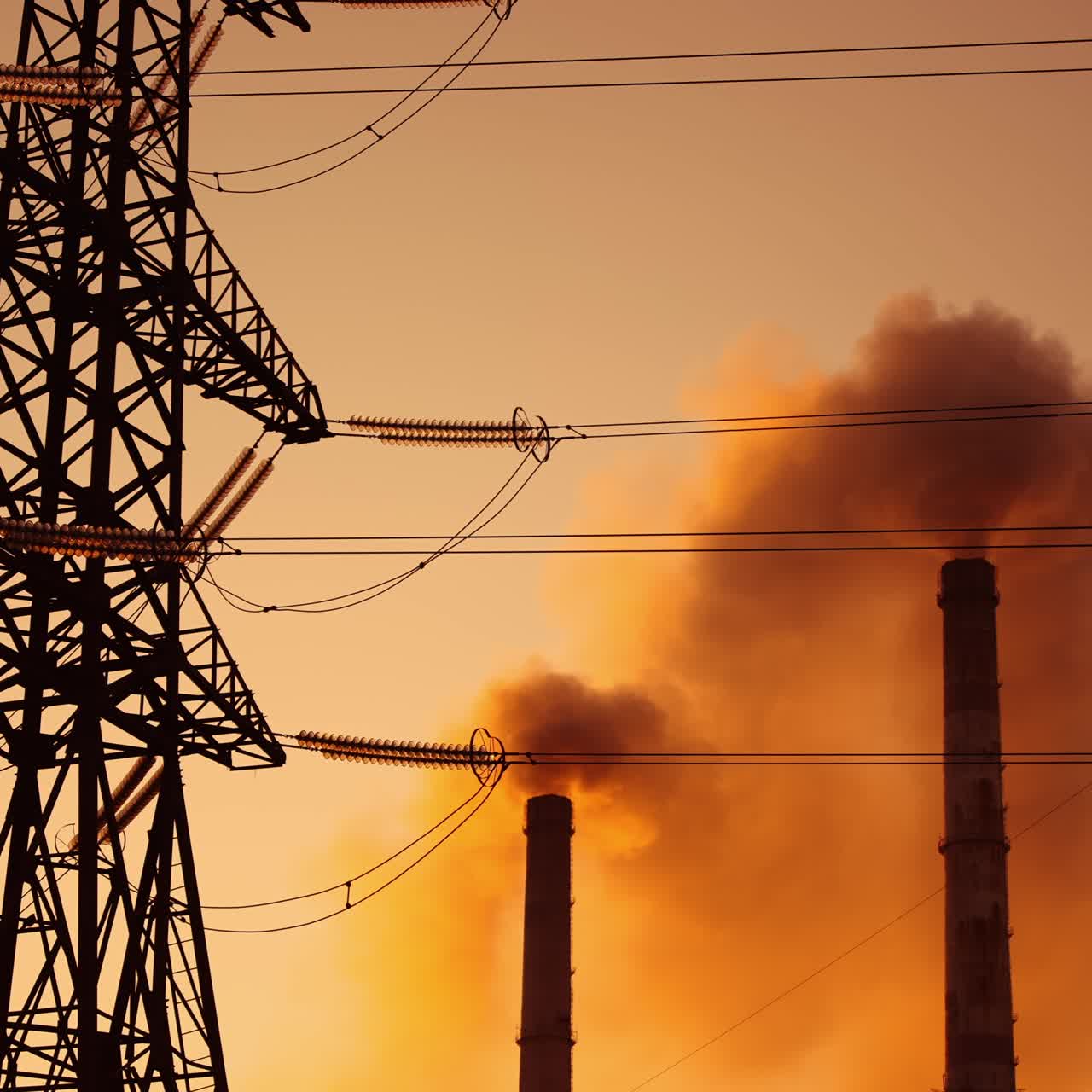 Polluting factory at dawn. Electric towers next to dirty smoke emitting from factory pipes at sunset. Climate change. Ecological disaster