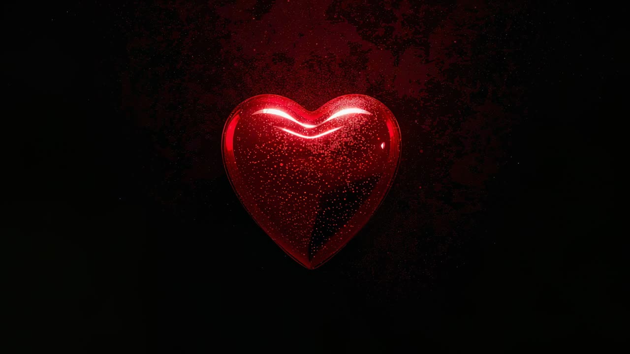 Cuore rosso lucido rotante che reagisce allo spunto di luce e oscilla in studio, con pagliuzze scintillanti