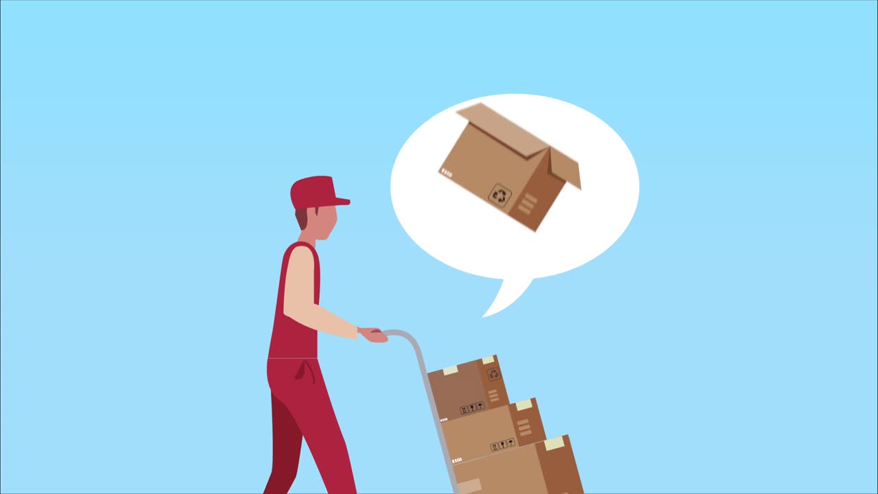 animación de servicio logístico con trabajador hablando con carrito y cajas