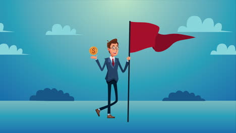 elegant businnessman with success flag and coin character animated