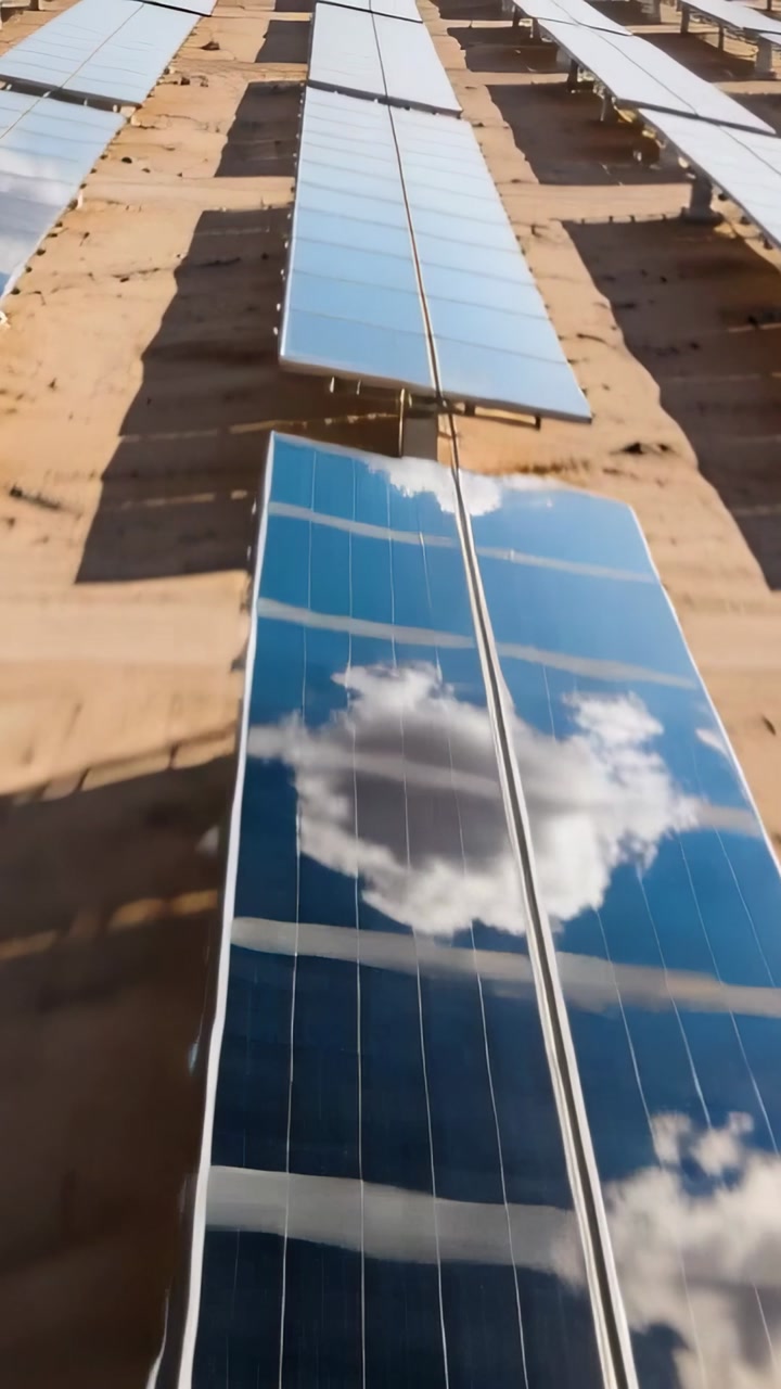 Vertical video: Close start moving camera along row of panels showing cloud glare for site survey