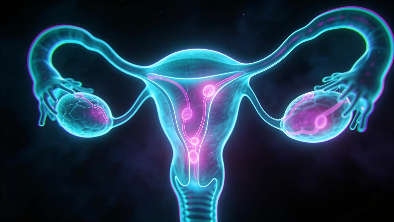 Utero animato, con un nodo rosa che si illumina e si muove dall'ovaio destro lungo la tuba, simulando il trasporto.