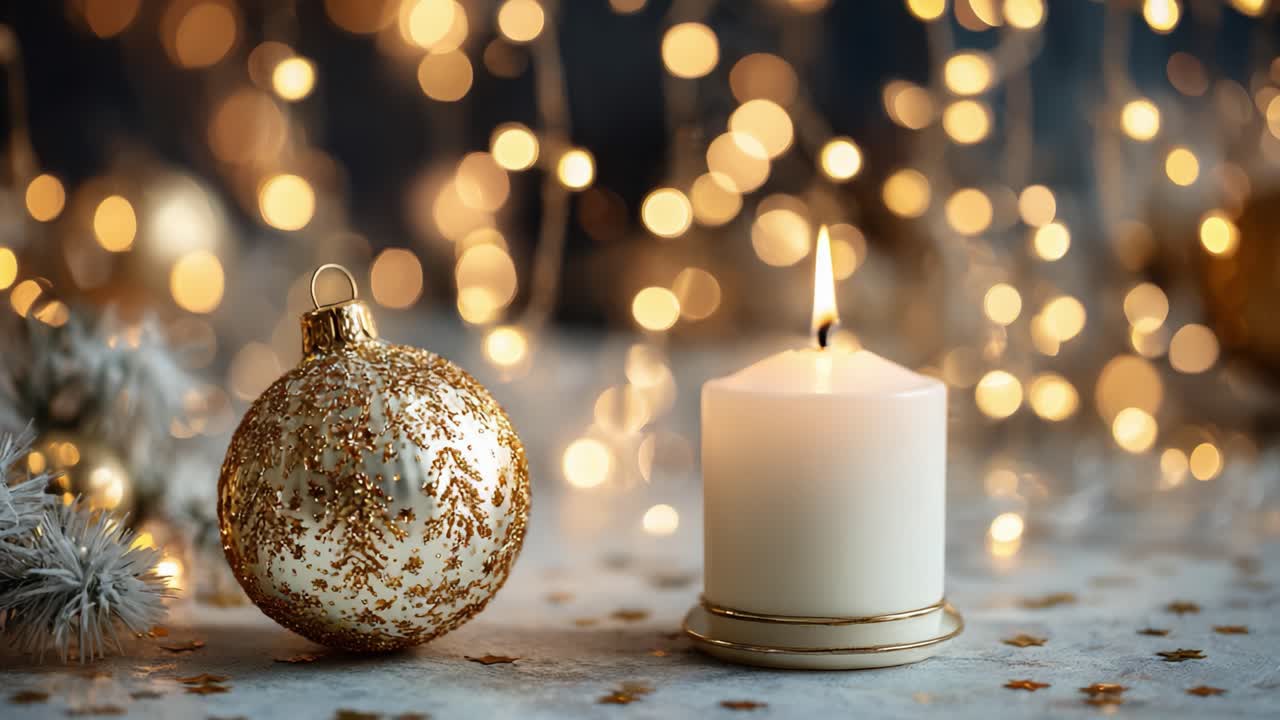 A Festive Scene Featuring a Golden Ornament and a Flickering Candle amidst a Beautiful Backdrop of Soft Bokeh Lights, Perfect for Holiday Celebrations