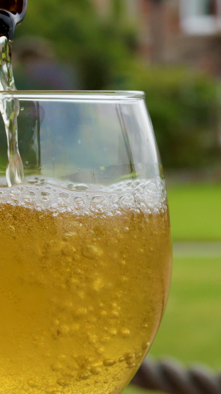 Birra dorata in un bicchiere trasparente con bollicine e schiuma, all'aperto tra la luce del giorno e il verde.