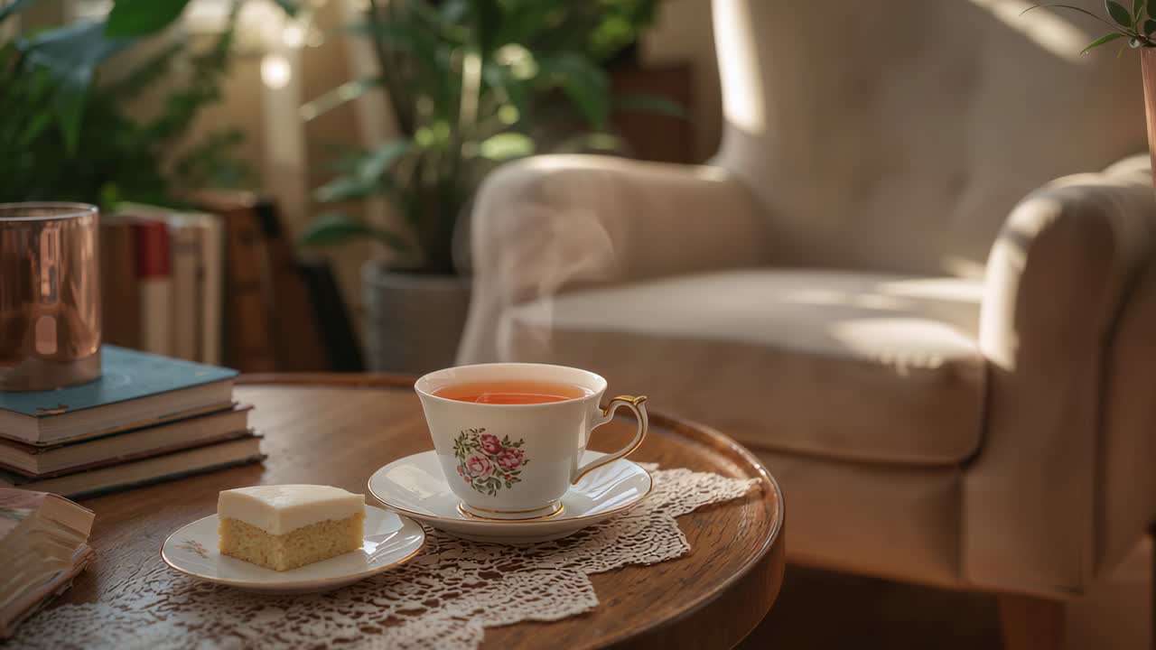 Pulling back camera with sunlight shifting, revealing floral teacup and cake on round table in nook