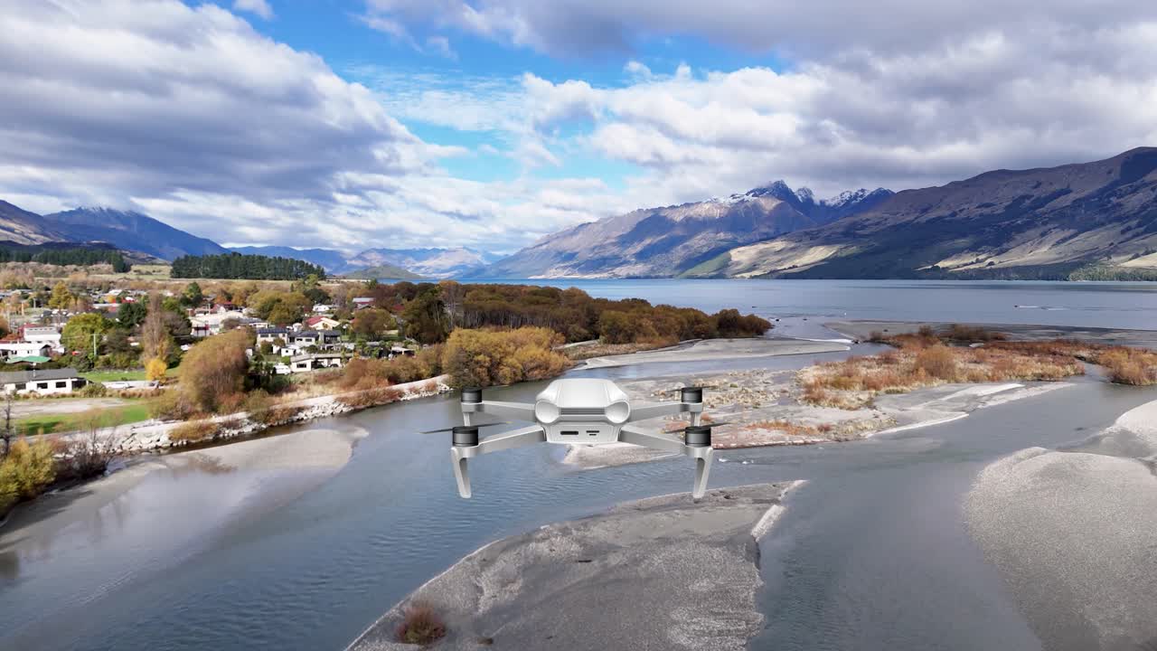 Aerial animation of a drone flying over a river with mountains, showcasing dynamic movement and vibrant natural scenery