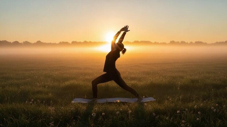 Una rilassante sessione di yoga mattutina all'alba: immergiti nella tranquillità della natura con una splendida silhouette stagliata contro un orizzonte dorato