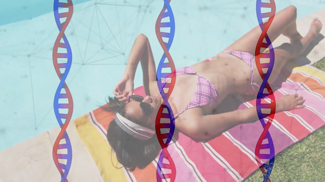 Sunbathing by pool, woman with DNA strand animation overlay, relaxing outdoors