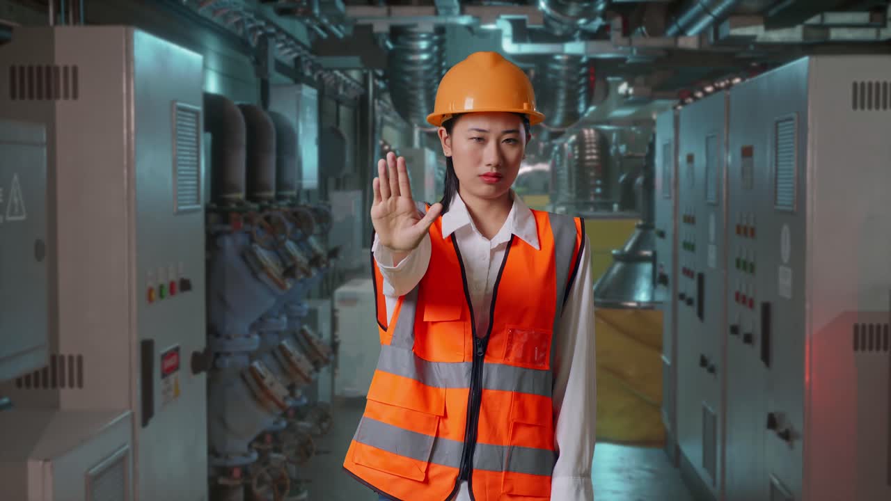 Engineer Gesturing Stop in Industrial Setting