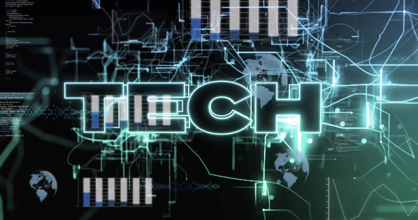 Flickering neon lines sparking circuit animating, sliding bars, drawing TECH title, emitting icons