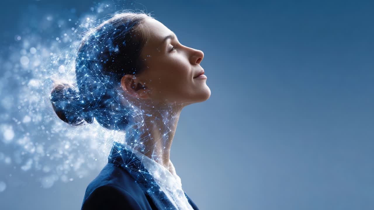 A Digital Transformation: The Evolution of Consciousness Represented Through a Woman's Profile with an Ethereal Glow and Abstract Particles Surrounding Her Head