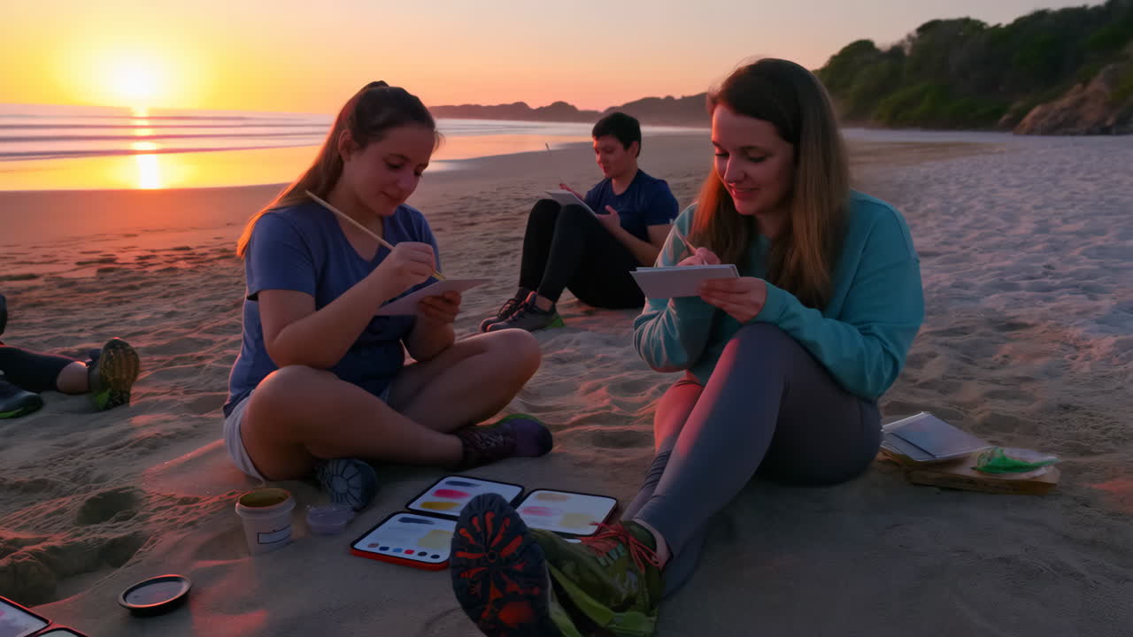 People painting at the beach during sunset