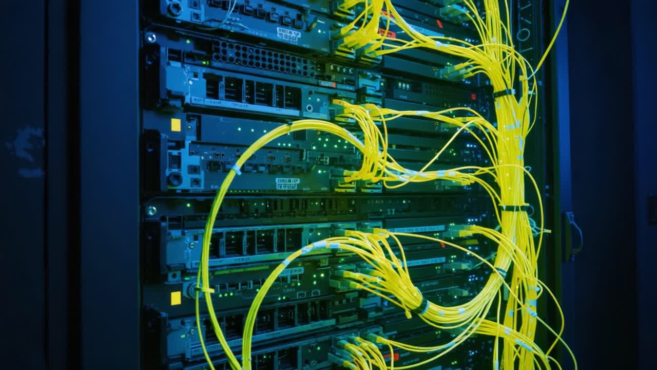 Illuminated Server Rack with Colorful Network Cables Showcasing the Complexity of Data Connections and Digital Infrastructure in a Modern Technology Environment