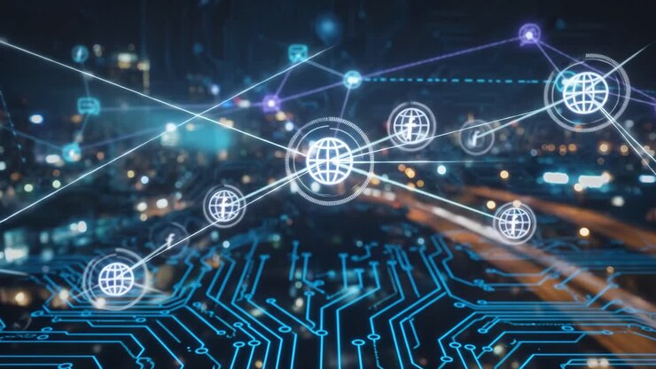 Connessioni di rete digitali astratte sulla città di notte