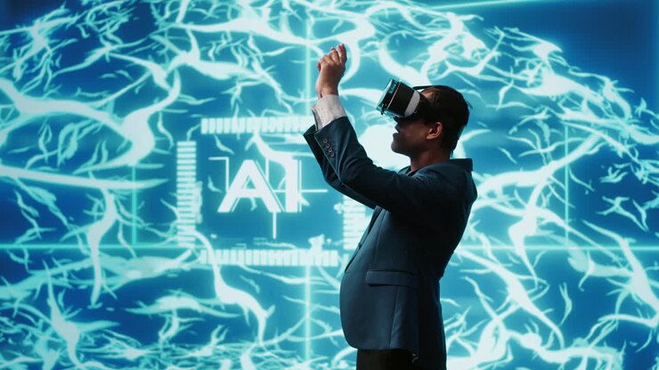 System administrator wearing VR headset looking at hologram