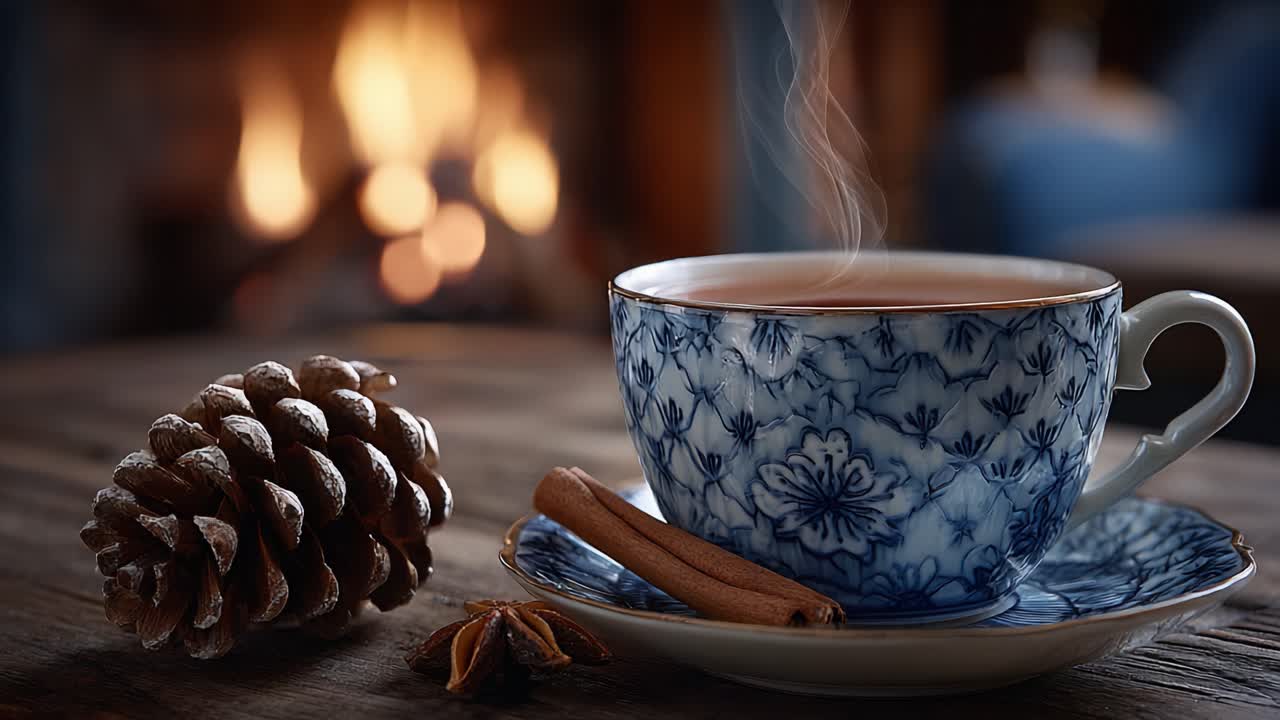 A Cozy Delight: A Steaming Cup of Herbal Tea Beside a Pinecone and Cinnamon Stick, Set Against a Warm Fireplace Background for Ultimate Comfort
