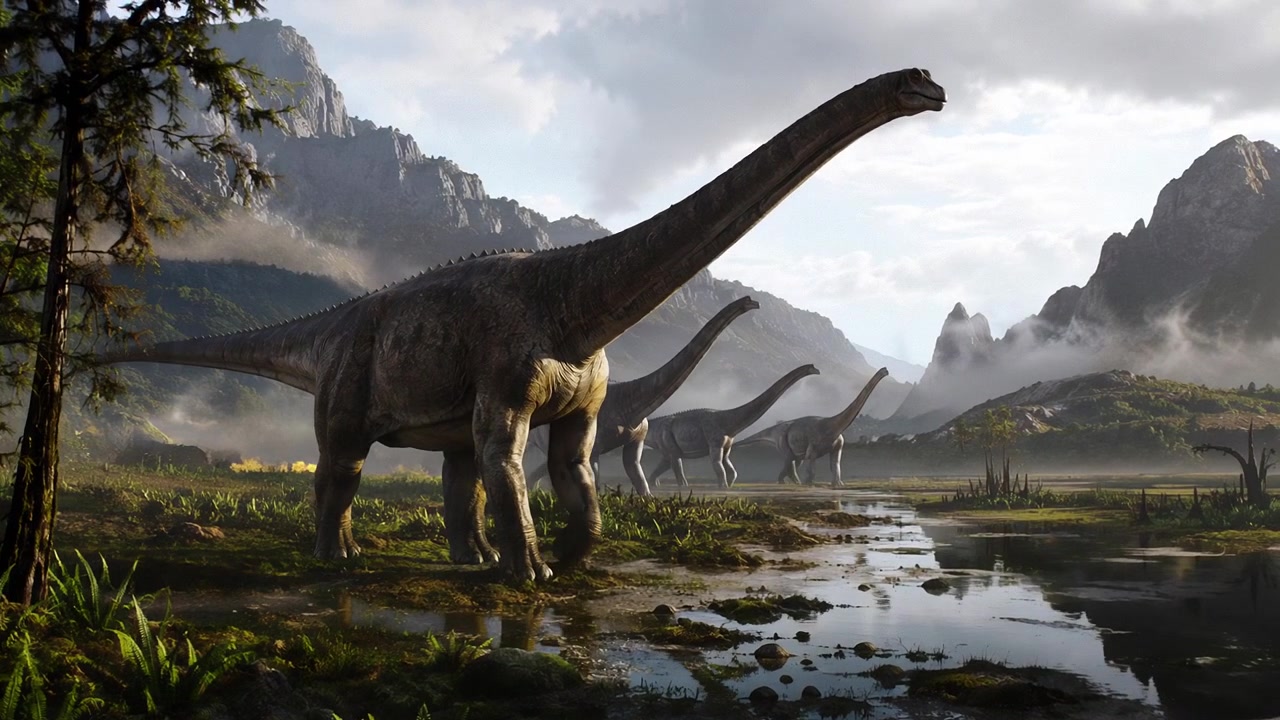 Mandria di dinosauri Brachiosaurus che cammina attraverso un paesaggio preistorico