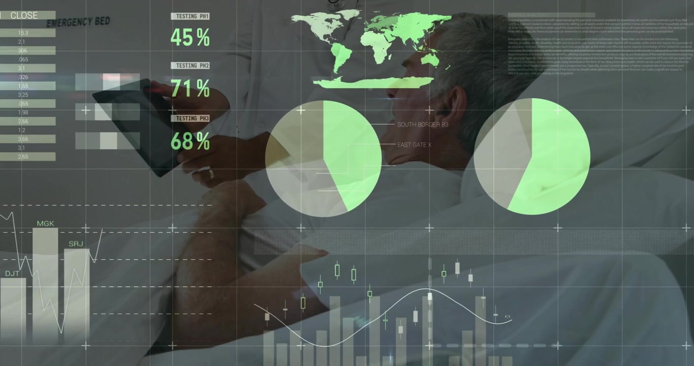 Doctor Consulting With Patient in Hospital Bed With Digital Data Overlay