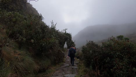 pov from hiker walking on the inka trail in peru on the way to machu picchu in the andes mountains