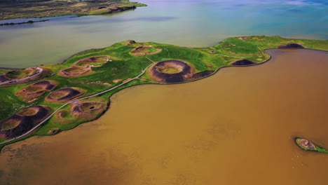 Beautiful-round-pseudo-craters-of-Skútustaðagígar---North-Iceland--Aerial