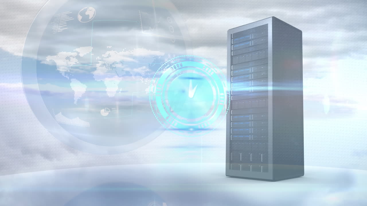 Animation of clock, globe and server over clouds