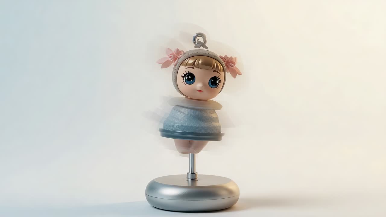 Statuetta bobblehead rotante dall'inizio della sequenza su supporto argentato in studio, che mostra una gonna blu sfocata
