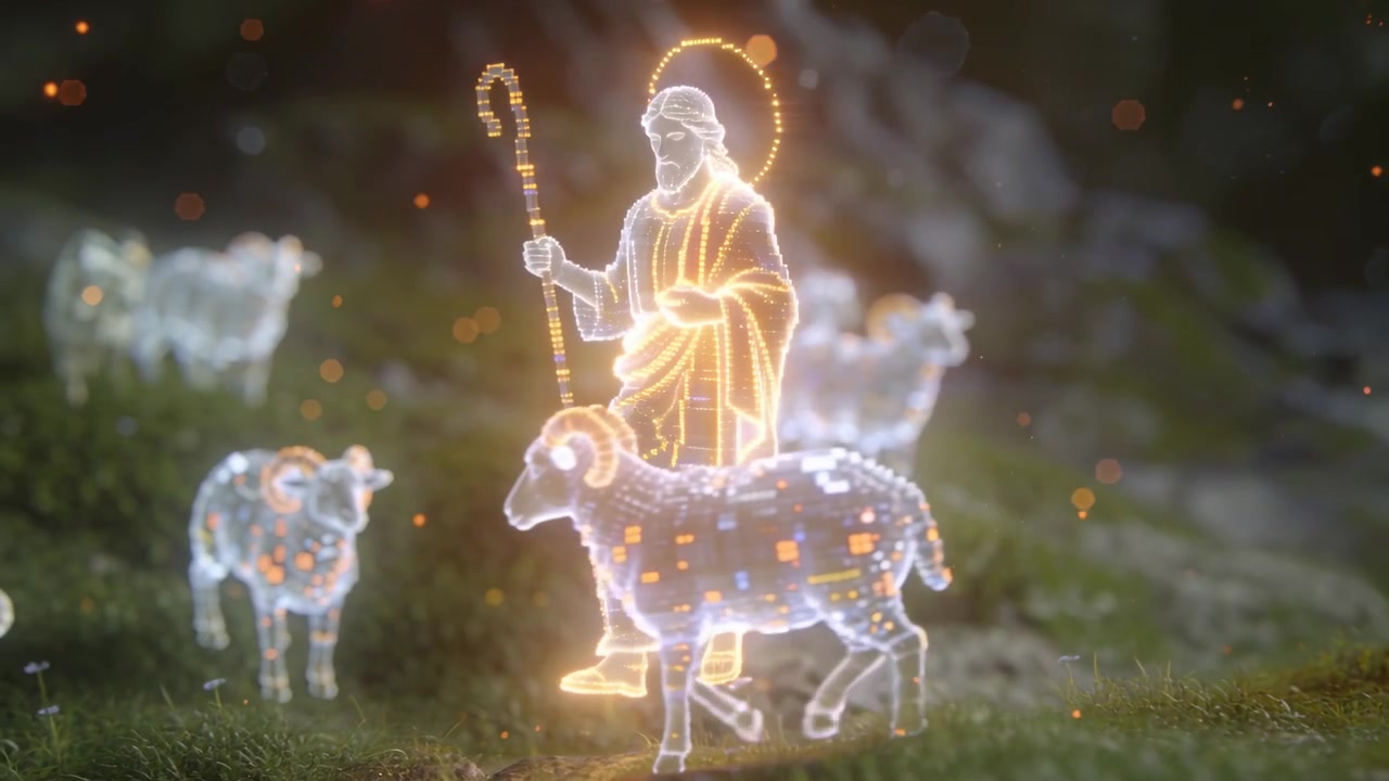 Kráčející pastýř v rouchu vede pixelované ovce přes mechovou mýtinu, svatozář mu pulzuje a drží berlu.