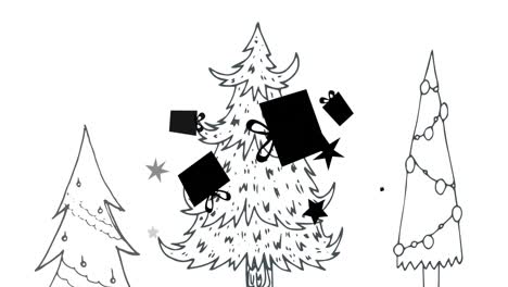 digital animation of gift boxes moving over three christmas trees against white background