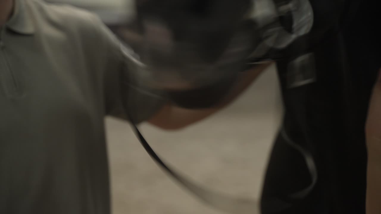 primer plano del hocico de un caballo negro con una brida, sostenido por dos personas