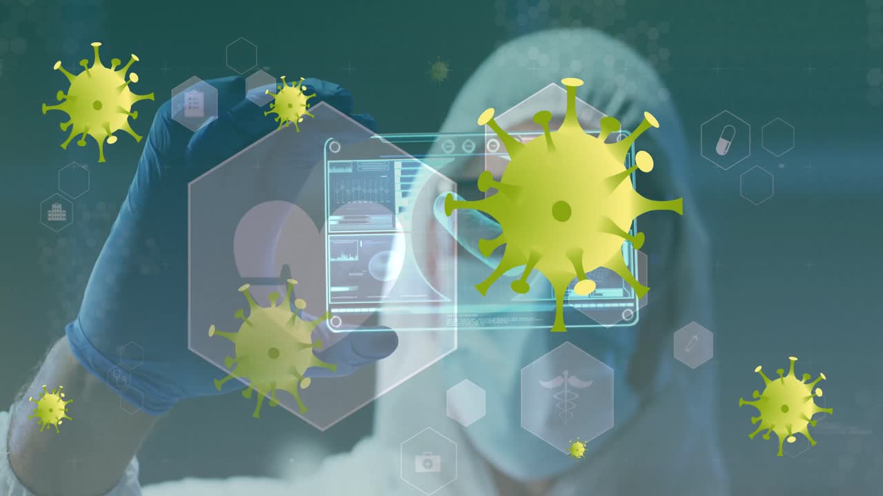 animación de células de virus amarillas sobre un trabajador de laboratorio caucásico con tarjeta digital con datos de virus