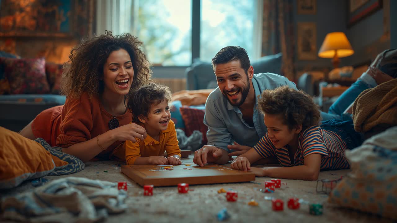 Mãe inclinada para a esquerda apontando para um jogo de tabuleiro em casa, provocando risadas, família colocando fichas para se divertir
