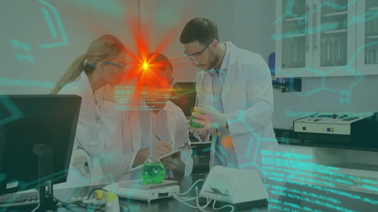 Analyzing data with animation overlay, scientists in lab coats in laboratory