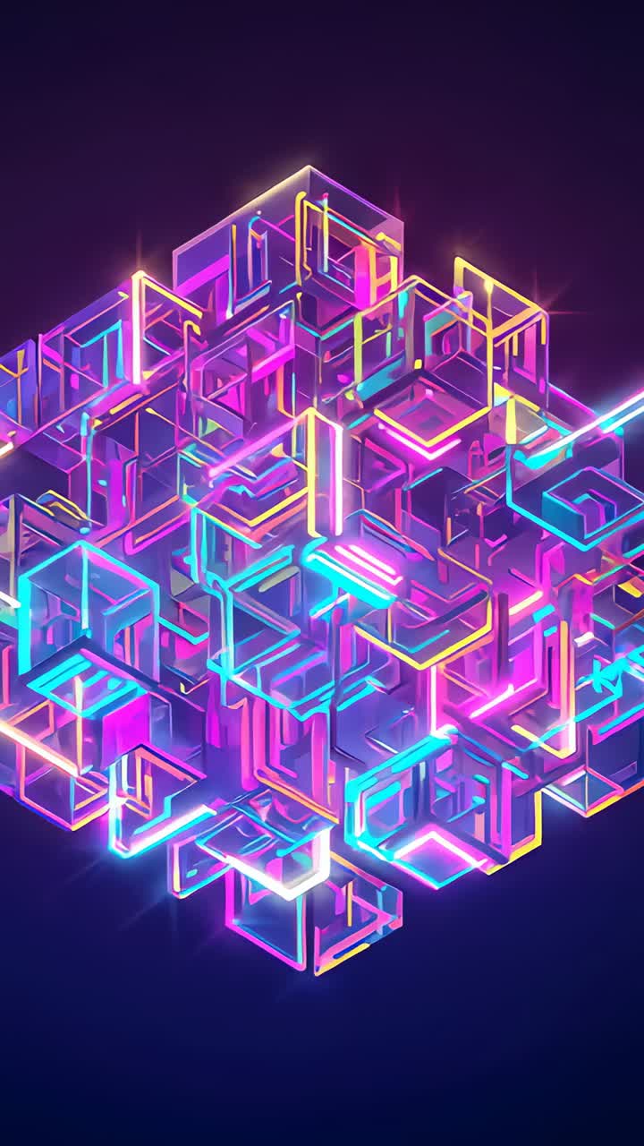 Vertical video: Rotating glass cube cluster moving closer by dolly in dark void, showing neon edges