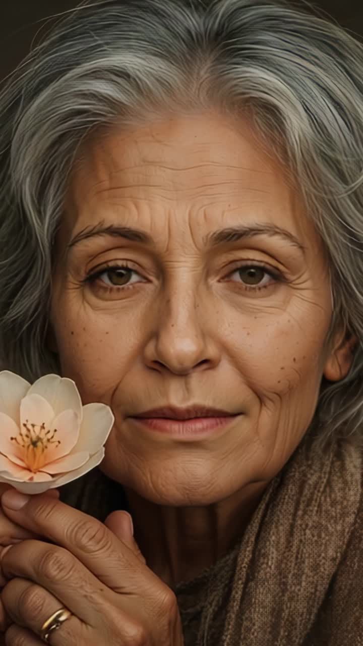 Vertical video: Holding blossom, senior woman smelling blossom in studio, directing gaze blinking