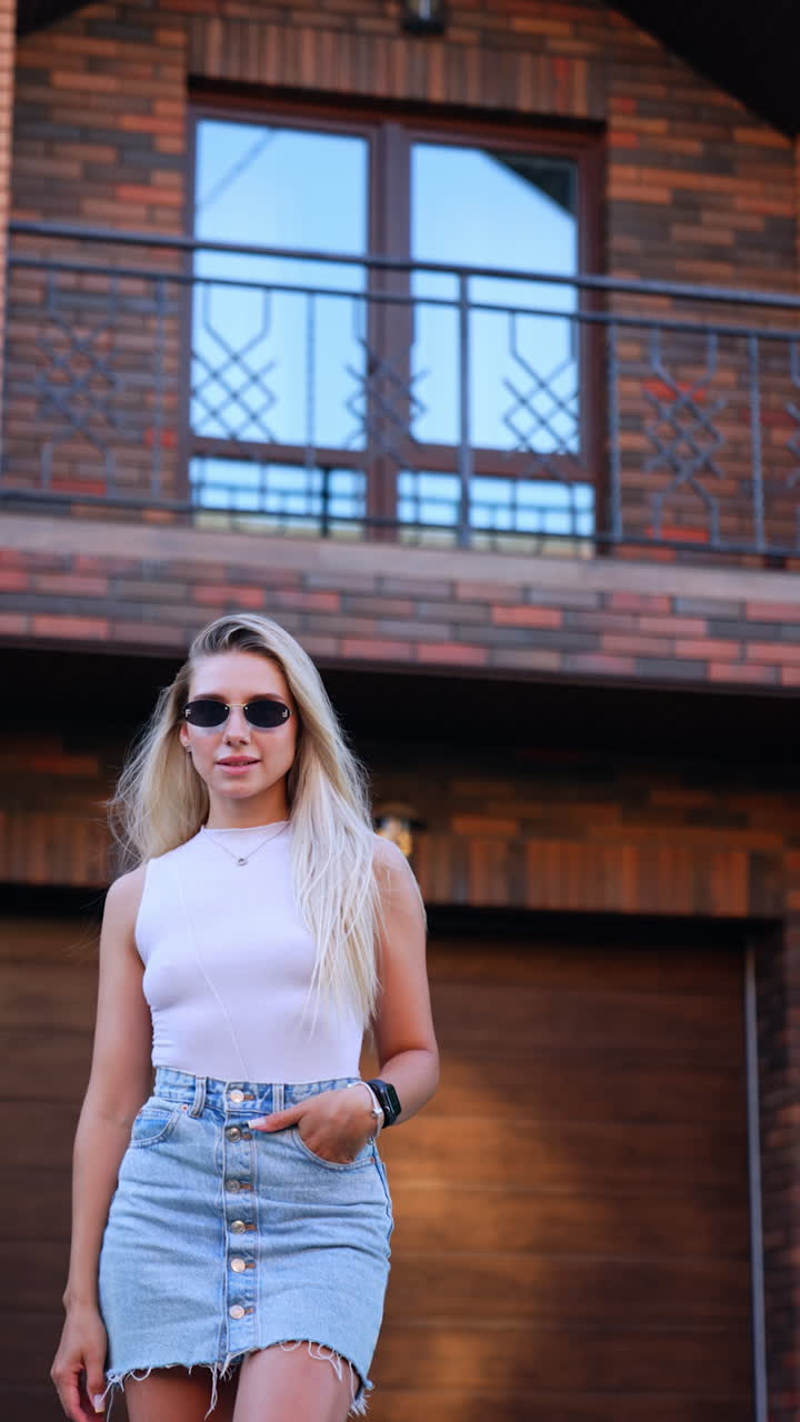 Kyiv, Ukraine, 25 May 2025: Young woman posing outside modern house. A young woman stands confidently in front of a stylish brick house, showcasing her fashionable outfit and sunglasses