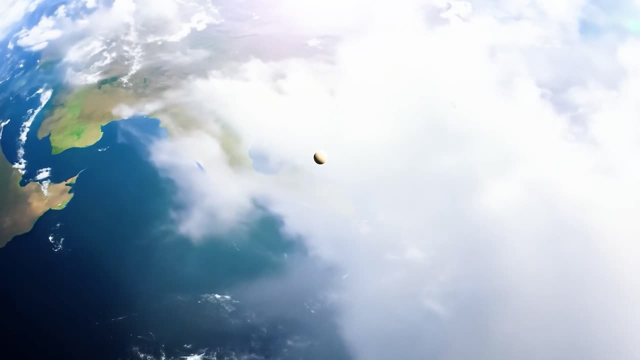 вид на землю из космоса, с облаками и светящимся солнцем