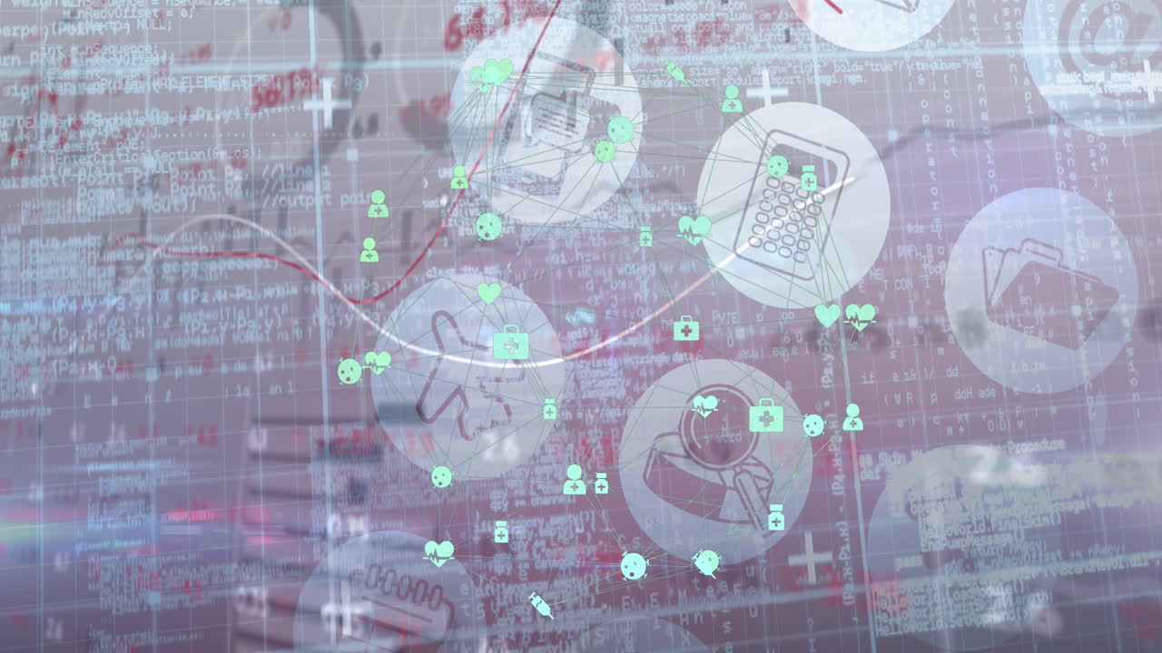 움직이는 그래프와 데이터 및 정보와 함께 떠다니는 기술 아이콘의 애니메이션