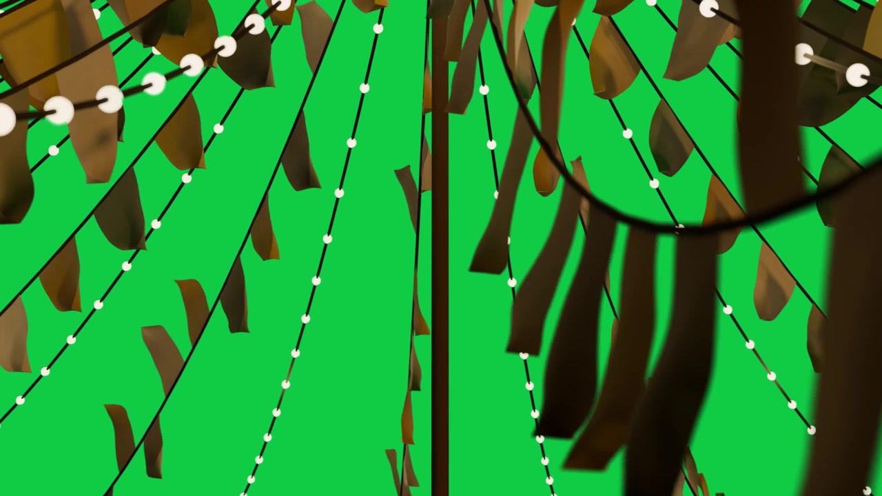 Breeze nudging pennants swinging and drifting forming decor around pole with lit bulbs, transparent
