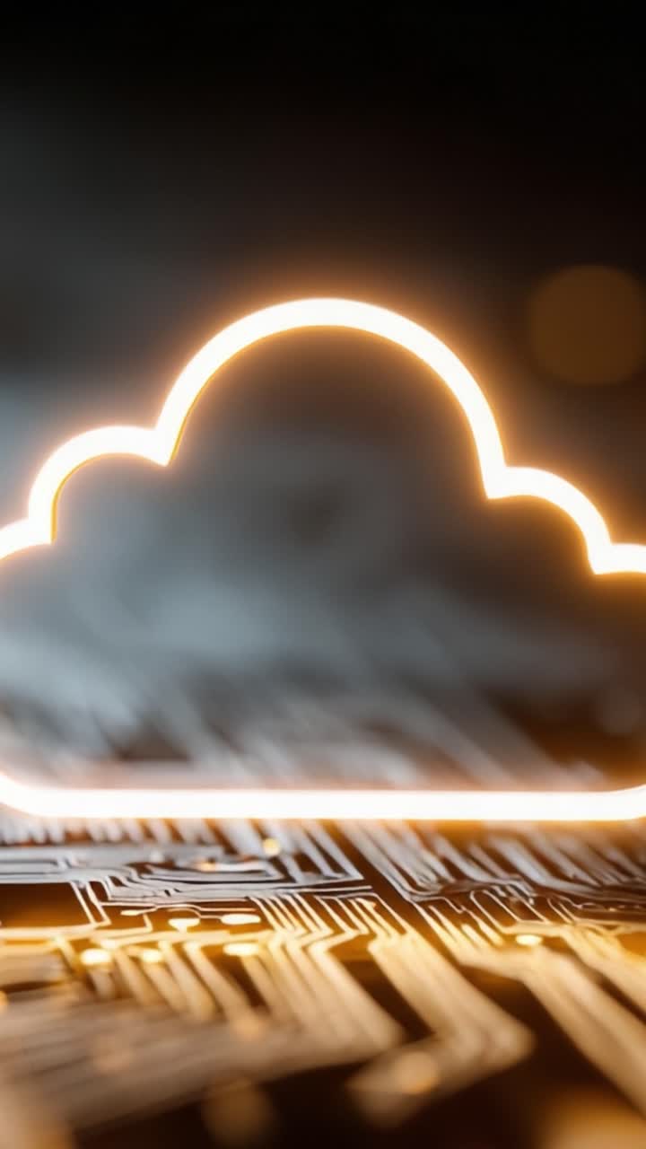 Et glødende Cloud-ikon, der oplyser en baggrund med et printkort, og repræsenterer moderne teknologi, datalagring og Cloudcomputing-innovationer