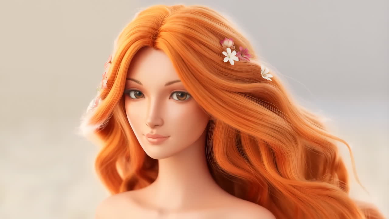 Portrait of a Woman with Flowing Red Hair and Flowers