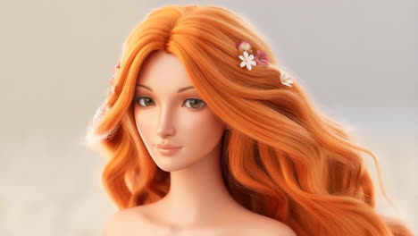 portrait of a woman with flowing red hair and flowers