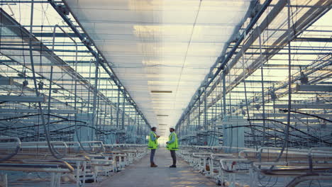 two digital factory supervisors discussing production level in empty greenhouse