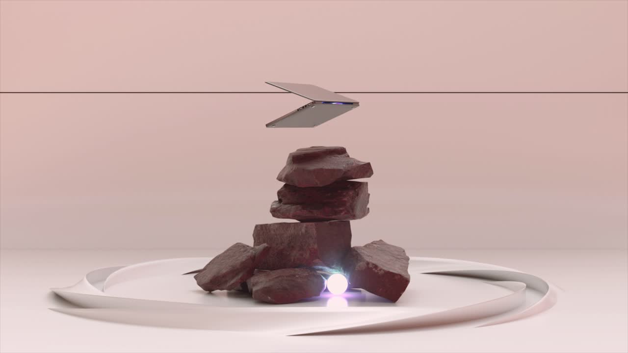 낙하산이 쳐진 바위 위에 떠다니는 노트북