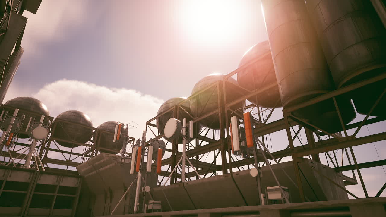 Industrial facility with large tanks and antennas under bright sunlight