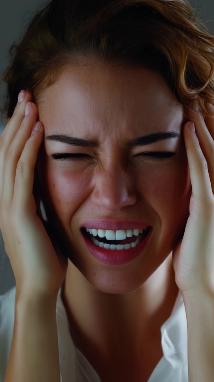 A woman expressing intense emotional distress and pain, gripping her head in agony, conveying feelings of anguish, frustration, and overwhelming pressure